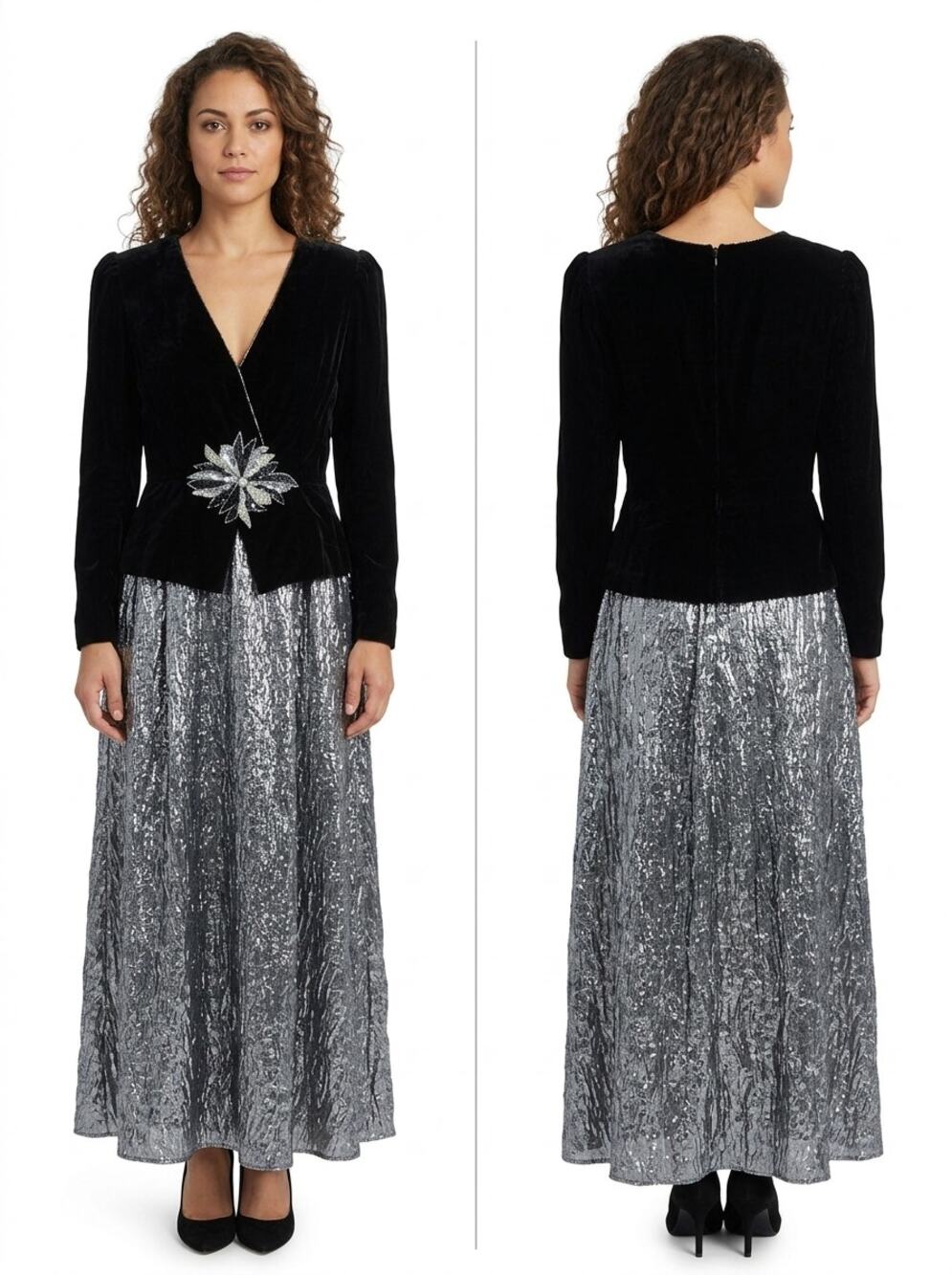 Vintage Nuit Made in USA A-Line Maxi Velvet Sequin Dress Women Size 10